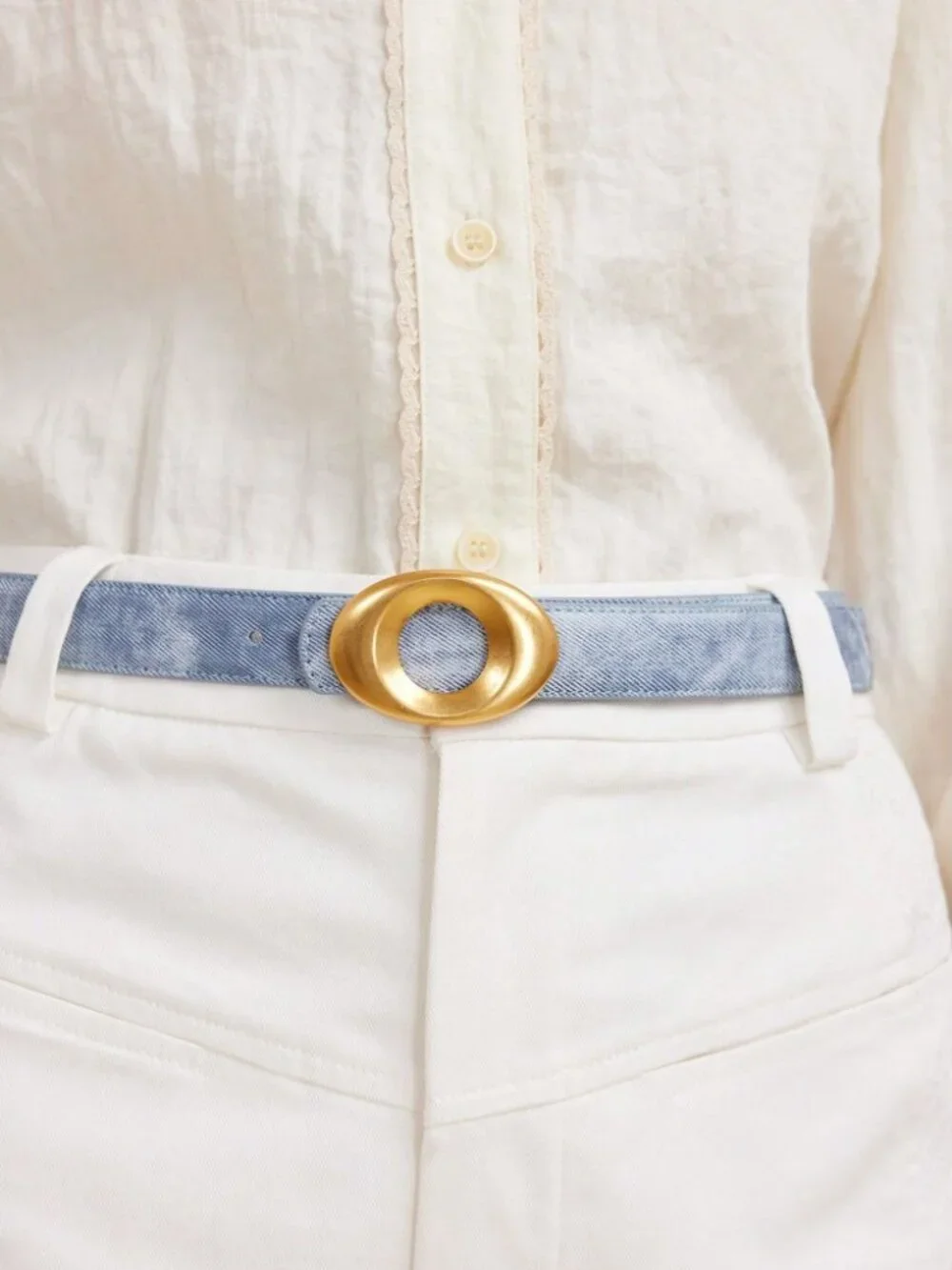 Chambray Blue Denim Belt with Oval Gold Buckle
